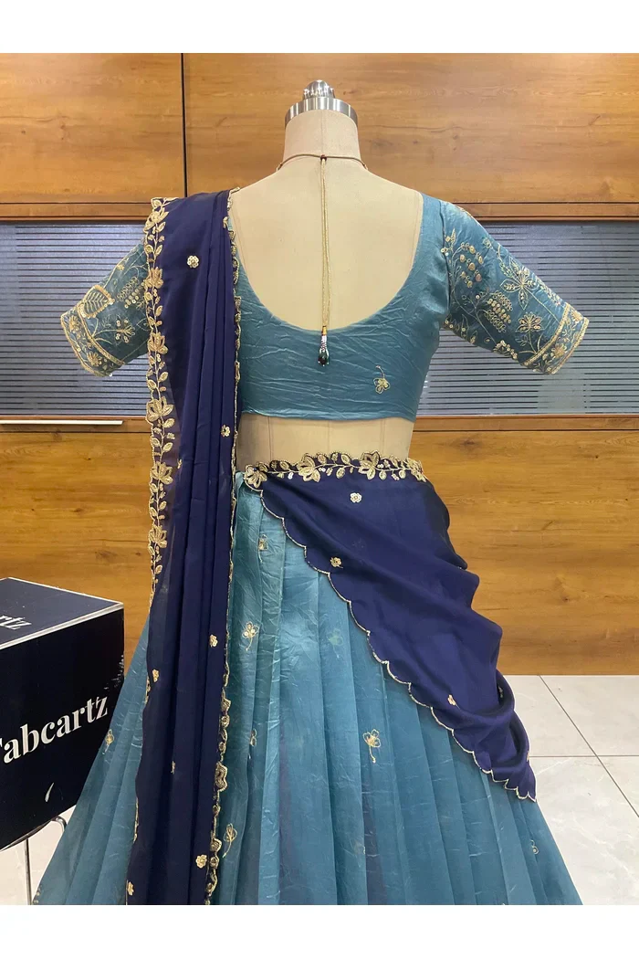 Beautiful South Indian Style Gold Crush Half Saree with Embroidery Blouse and Dupatta for Women | Chahana - Image 11