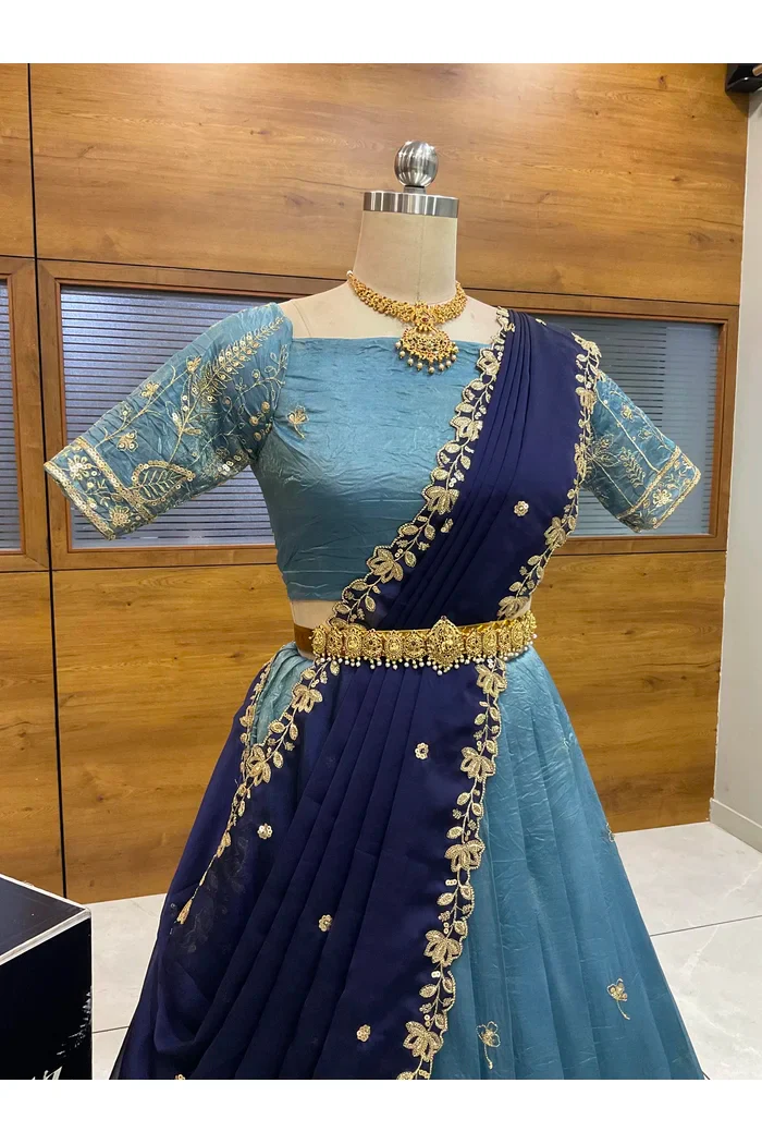 Beautiful South Indian Style Gold Crush Half Saree with Embroidery Blouse and Dupatta for Women | Chahana - Image 12