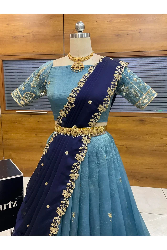 Beautiful South Indian Style Gold Crush Half Saree with Embroidery Blouse and Dupatta for Women | Chahana - Image 13
