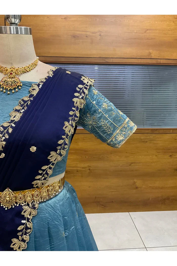 Beautiful South Indian Style Gold Crush Half Saree with Embroidery Blouse and Dupatta for Women | Chahana - Image 14