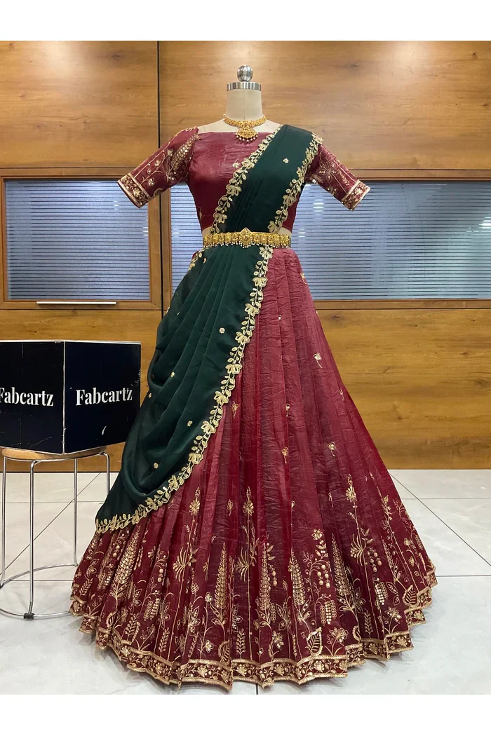 Beautiful South Indian Style Gold Crush Half Saree with Embroidery Blouse and Dupatta for Women | Chahana - Image 17