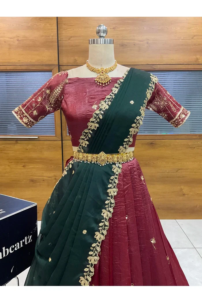 Beautiful South Indian Style Gold Crush Half Saree with Embroidery Blouse and Dupatta for Women | Chahana - Image 18