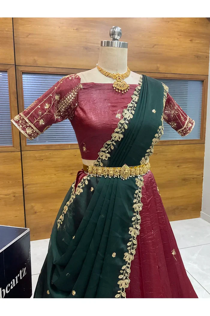 Beautiful South Indian Style Gold Crush Half Saree with Embroidery Blouse and Dupatta for Women | Chahana - Image 19