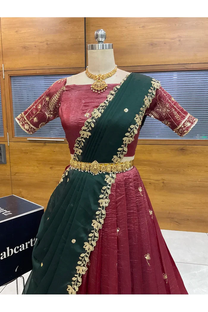 Beautiful South Indian Style Gold Crush Half Saree with Embroidery Blouse and Dupatta for Women | Chahana - Image 20