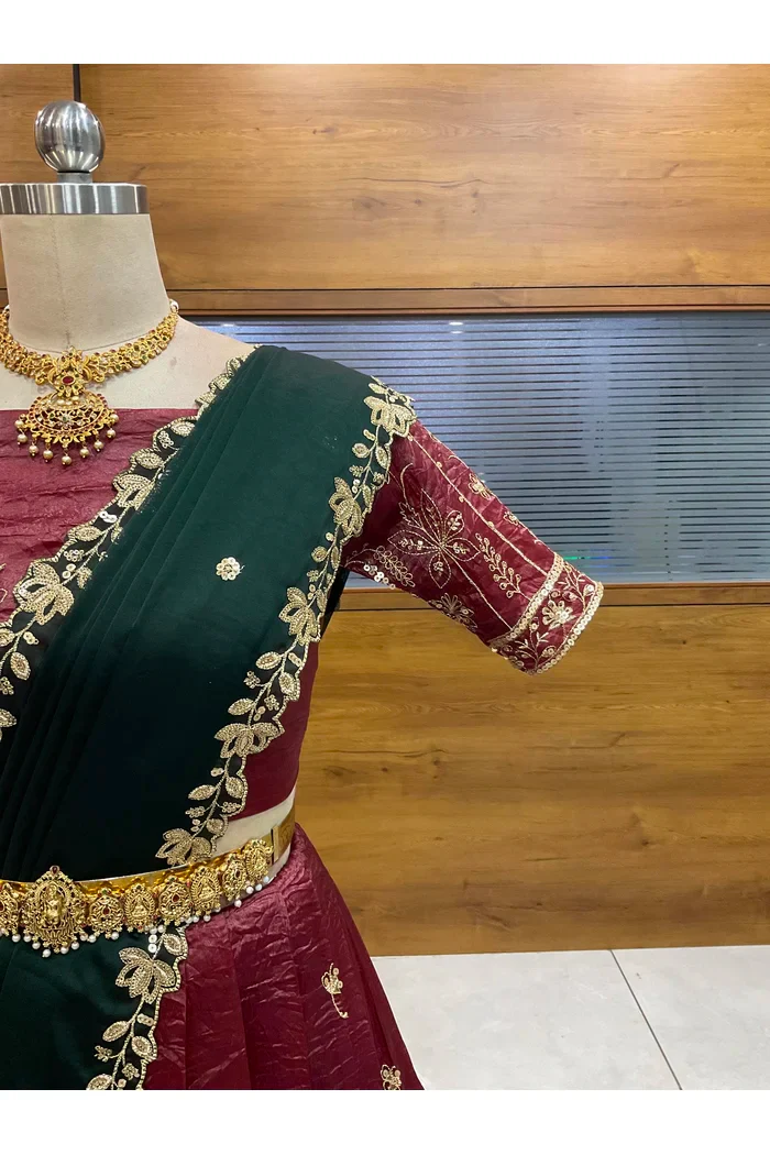 Beautiful South Indian Style Gold Crush Half Saree with Embroidery Blouse and Dupatta for Women | Chahana - Image 21
