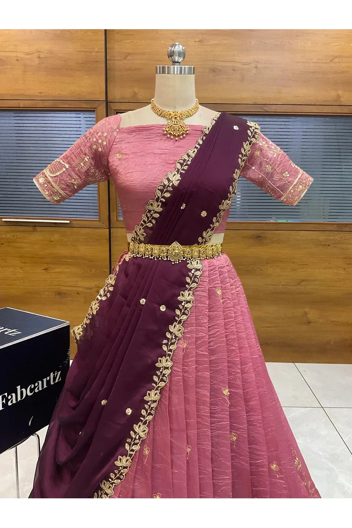 Beautiful South Indian Style Gold Crush Half Saree with Embroidery Blouse and Dupatta for Women | Chahana - Image 25