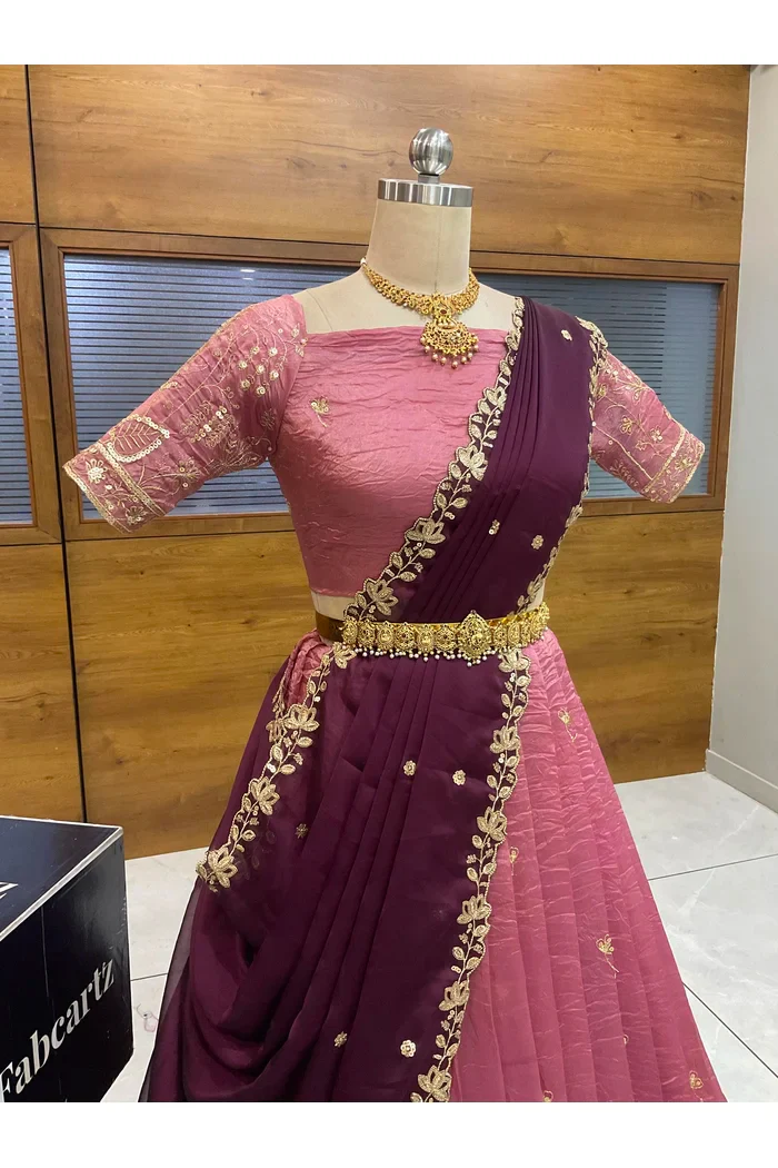 Beautiful South Indian Style Gold Crush Half Saree with Embroidery Blouse and Dupatta for Women | Chahana - Image 26