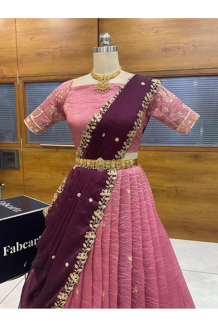 Beautiful South Indian Style Gold Crush Half Saree with Embroidery Blouse and Dupatta for Women | Chahana - Image 27