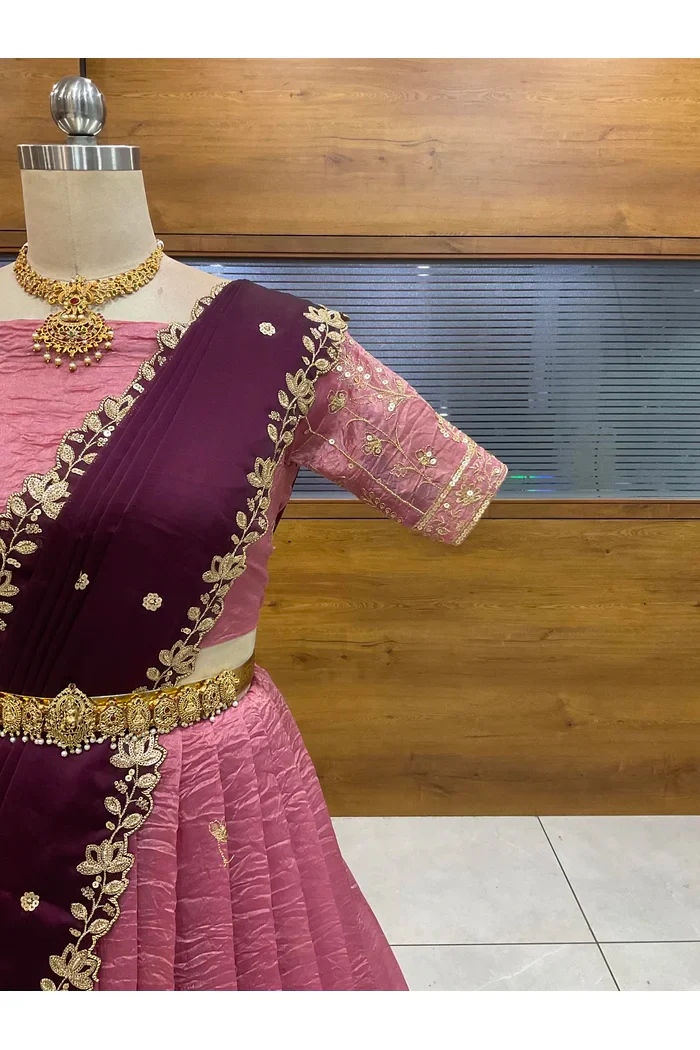 Beautiful South Indian Style Gold Crush Half Saree with Embroidery Blouse and Dupatta for Women | Chahana - Image 28