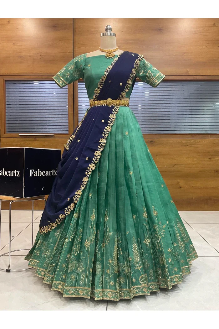Beautiful South Indian Style Gold Crush Half Saree with Embroidery Blouse and Dupatta for Women | Chahana - Image 30
