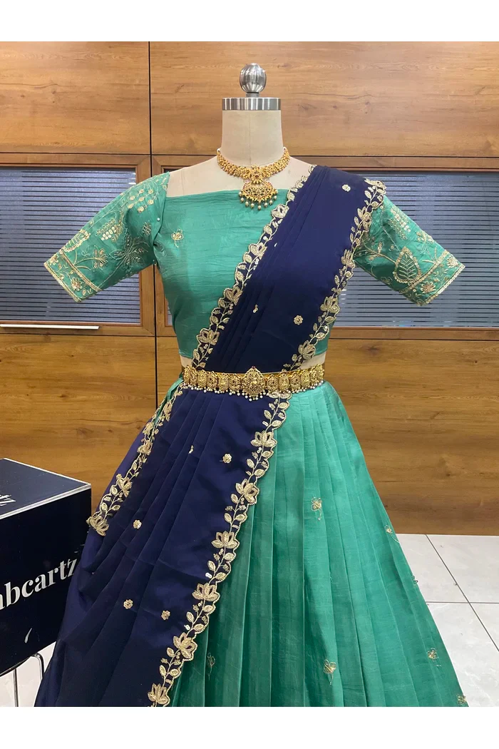Beautiful South Indian Style Gold Crush Half Saree with Embroidery Blouse and Dupatta for Women | Chahana - Image 31