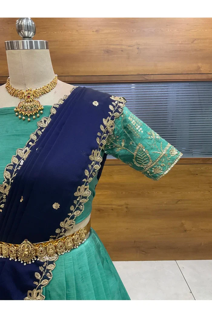 Beautiful South Indian Style Gold Crush Half Saree with Embroidery Blouse and Dupatta for Women | Chahana - Image 34