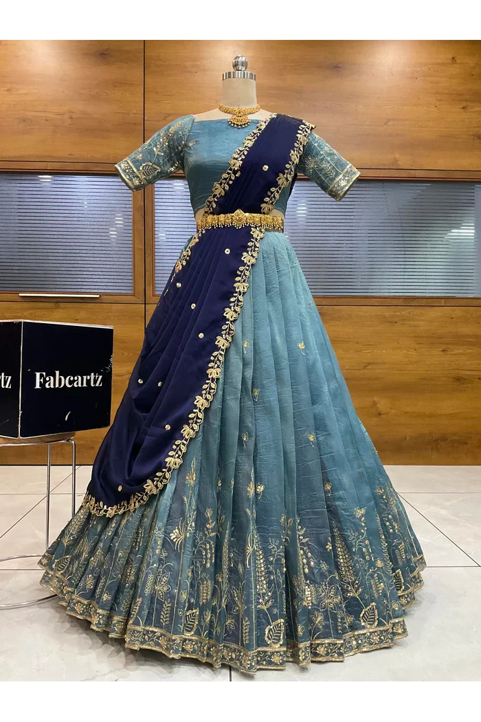Beautiful South Indian Style Gold Crush Half Saree with Embroidery Blouse and Dupatta for Women | Chahana - Image 45