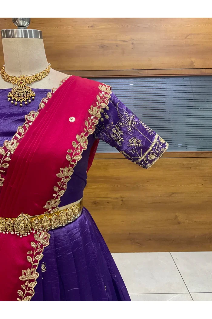 Beautiful South Indian Style Gold Crush Half Saree with Embroidery Blouse and Dupatta for Women | Chahana - Image 5