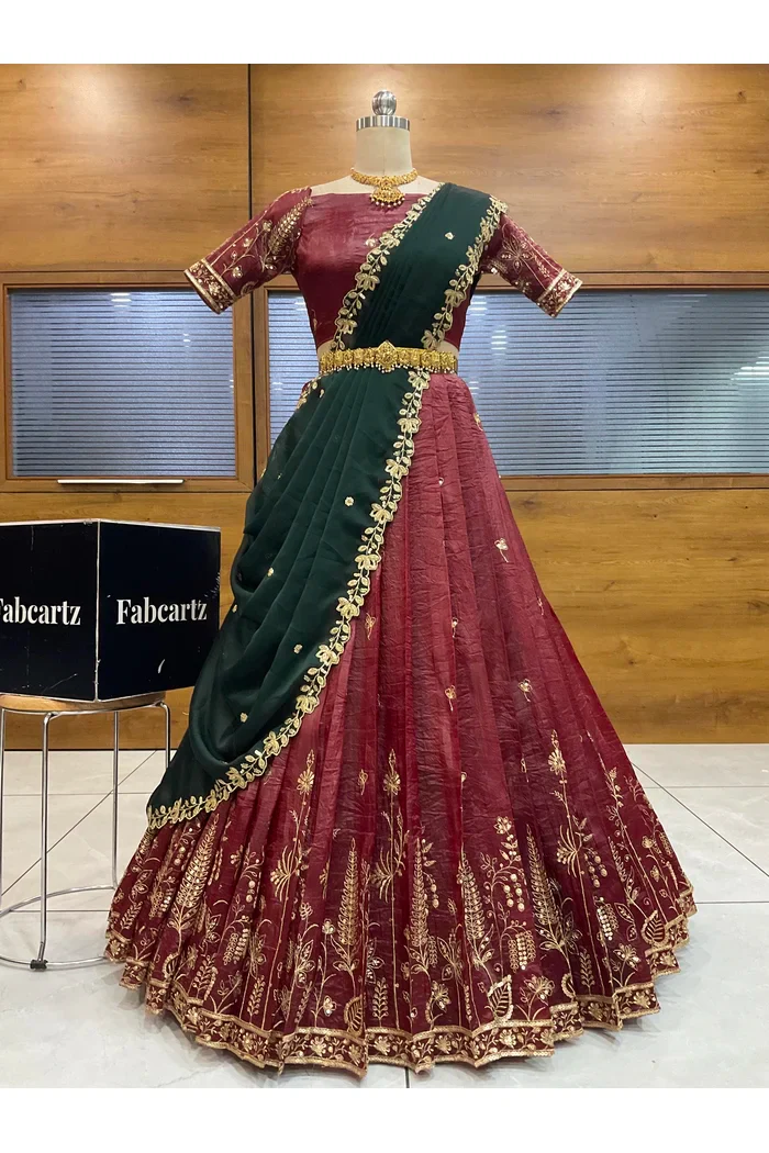 Beautiful South Indian Style Gold Crush Half Saree with Embroidery Blouse and Dupatta for Women | Chahana - Image 54