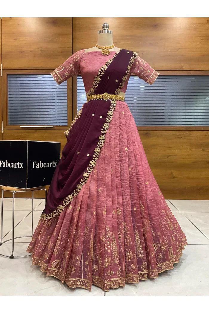 Beautiful South Indian Style Gold Crush Half Saree with Embroidery Blouse and Dupatta for Women | Chahana - Image 63