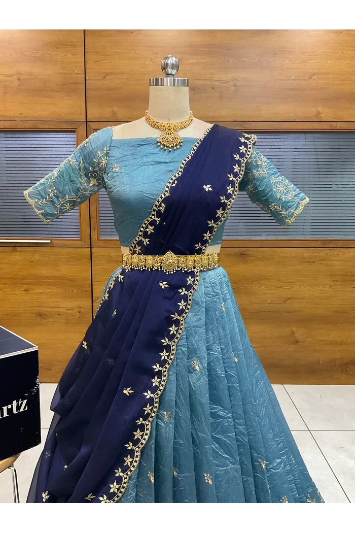 Beautiful South Indian Style Gold Crush Half Saree with Embroidery Blouse and Dupatta for Women | Krisa - Image 10