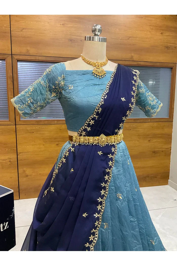 Beautiful South Indian Style Gold Crush Half Saree with Embroidery Blouse and Dupatta for Women | Krisa - Image 11