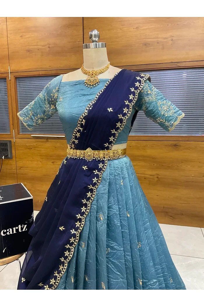 Beautiful South Indian Style Gold Crush Half Saree with Embroidery Blouse and Dupatta for Women | Krisa - Image 12