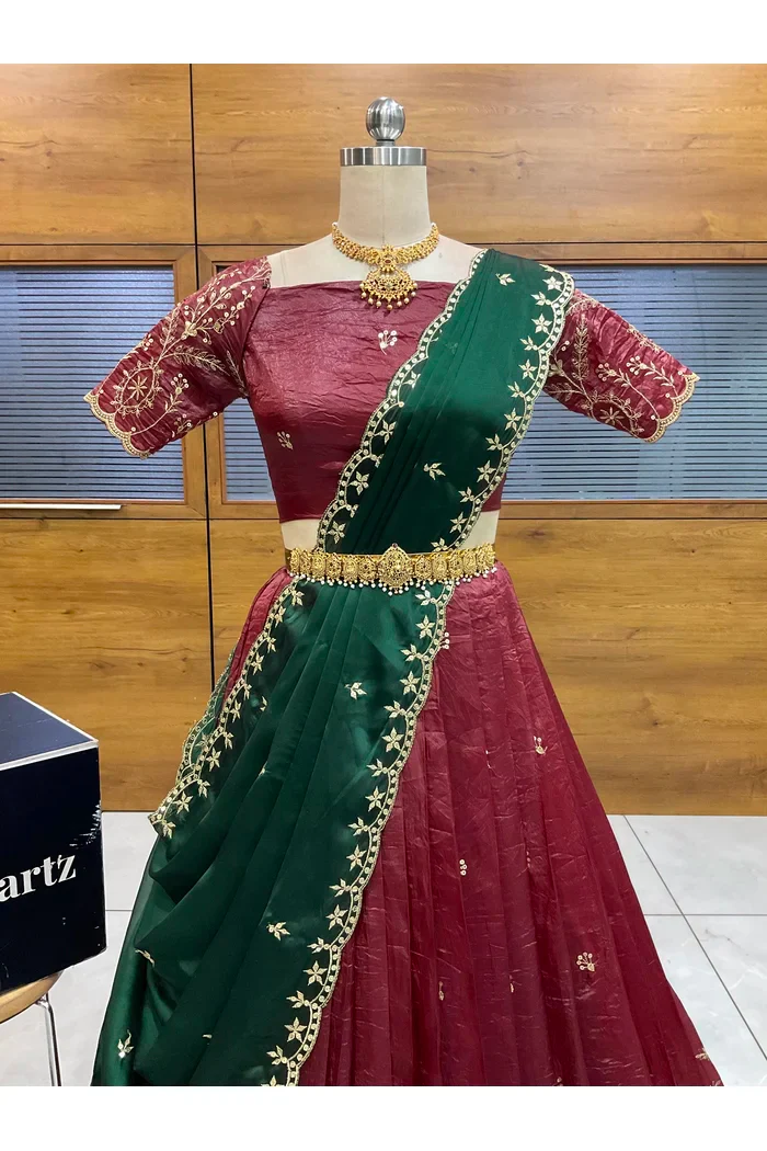 Beautiful South Indian Style Gold Crush Half Saree with Embroidery Blouse and Dupatta for Women | Krisa - Image 16