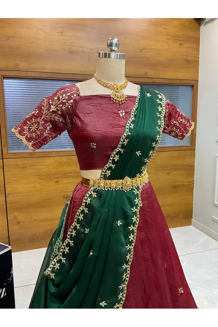 Beautiful South Indian Style Gold Crush Half Saree with Embroidery Blouse and Dupatta for Women | Krisa - Image 17
