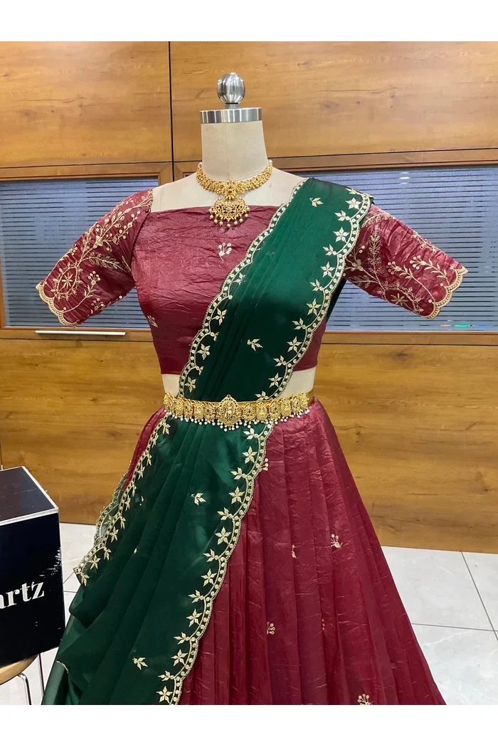 Beautiful South Indian Style Gold Crush Half Saree with Embroidery Blouse and Dupatta for Women | Krisa - Image 18