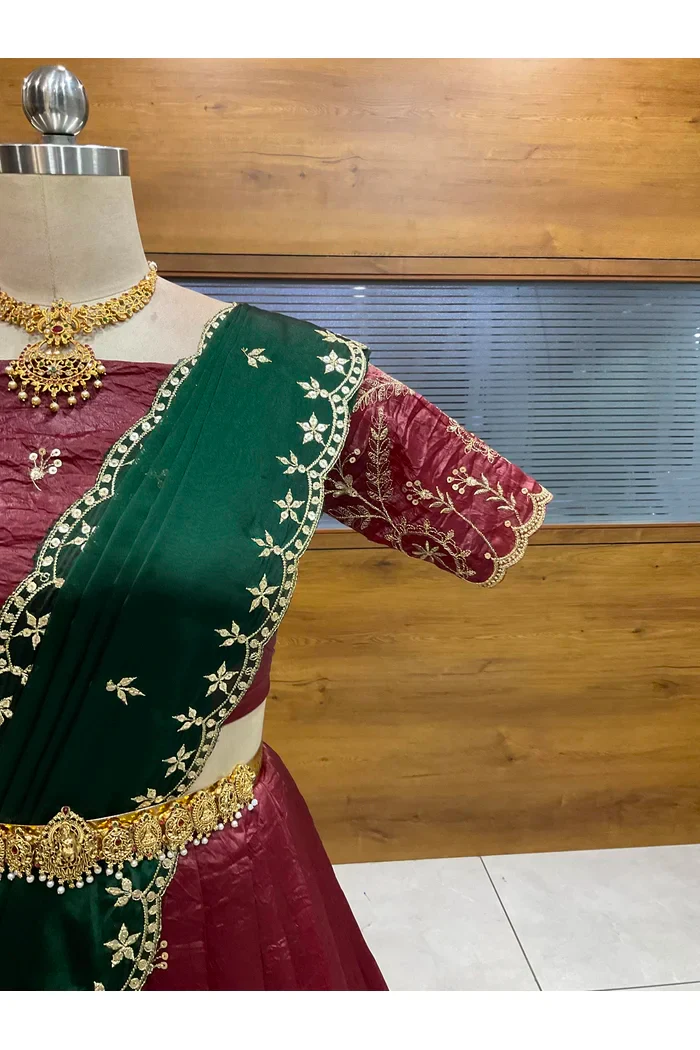 Beautiful South Indian Style Gold Crush Half Saree with Embroidery Blouse and Dupatta for Women | Krisa - Image 19