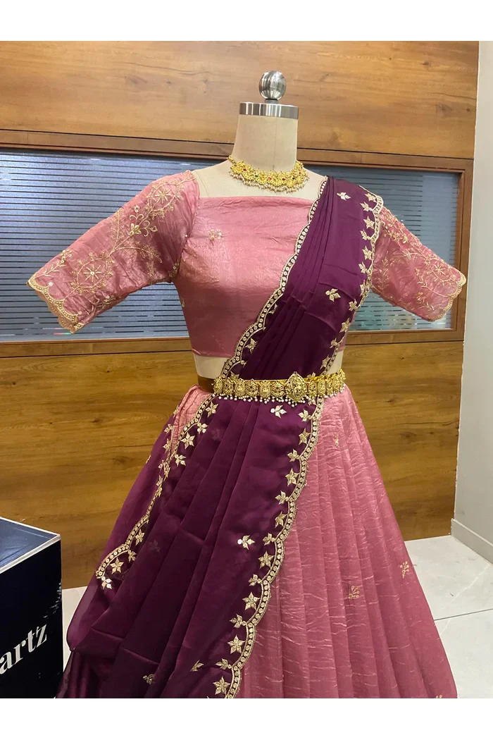 Beautiful South Indian Style Gold Crush Half Saree with Embroidery Blouse and Dupatta for Women | Krisa - Image 23