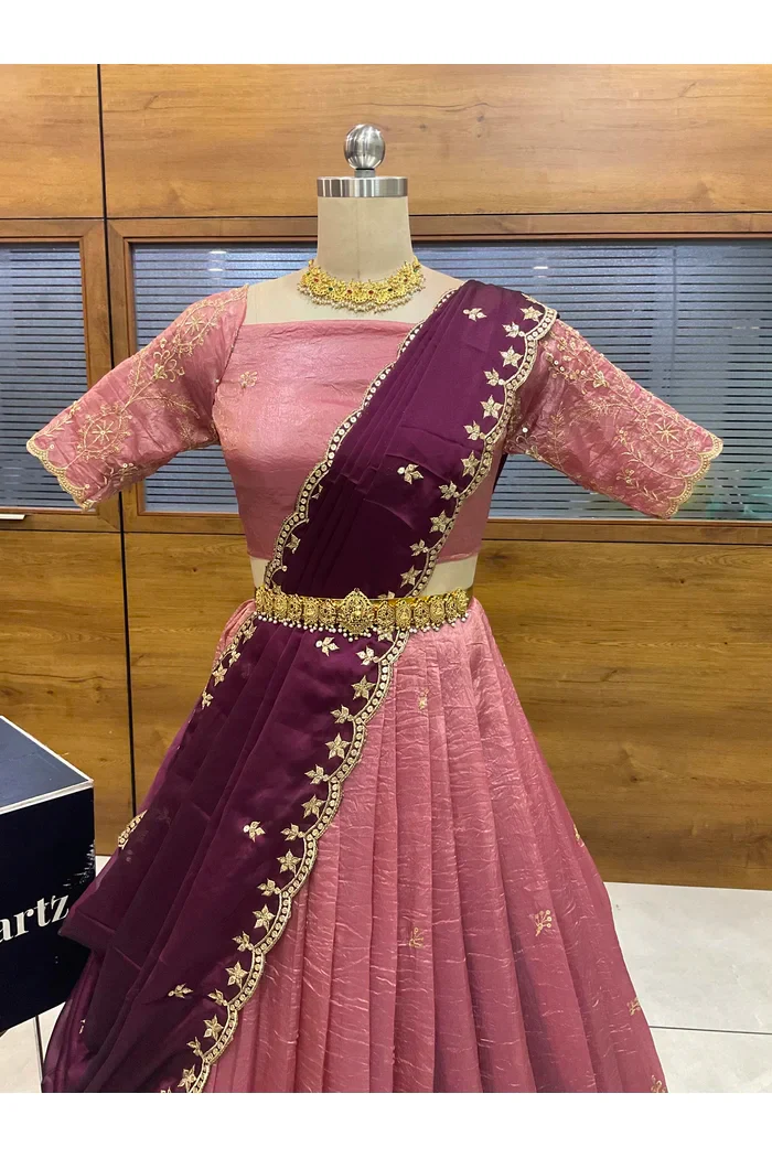Beautiful South Indian Style Gold Crush Half Saree with Embroidery Blouse and Dupatta for Women | Krisa - Image 24