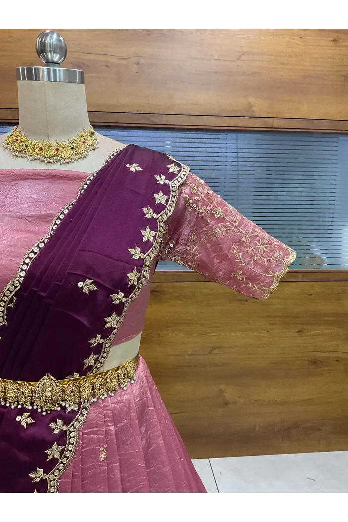 Beautiful South Indian Style Gold Crush Half Saree with Embroidery Blouse and Dupatta for Women | Krisa - Image 25