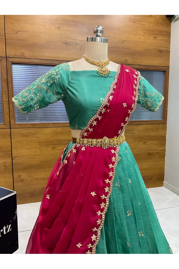 Beautiful South Indian Style Gold Crush Half Saree with Embroidery Blouse and Dupatta for Women | Krisa - Image 29