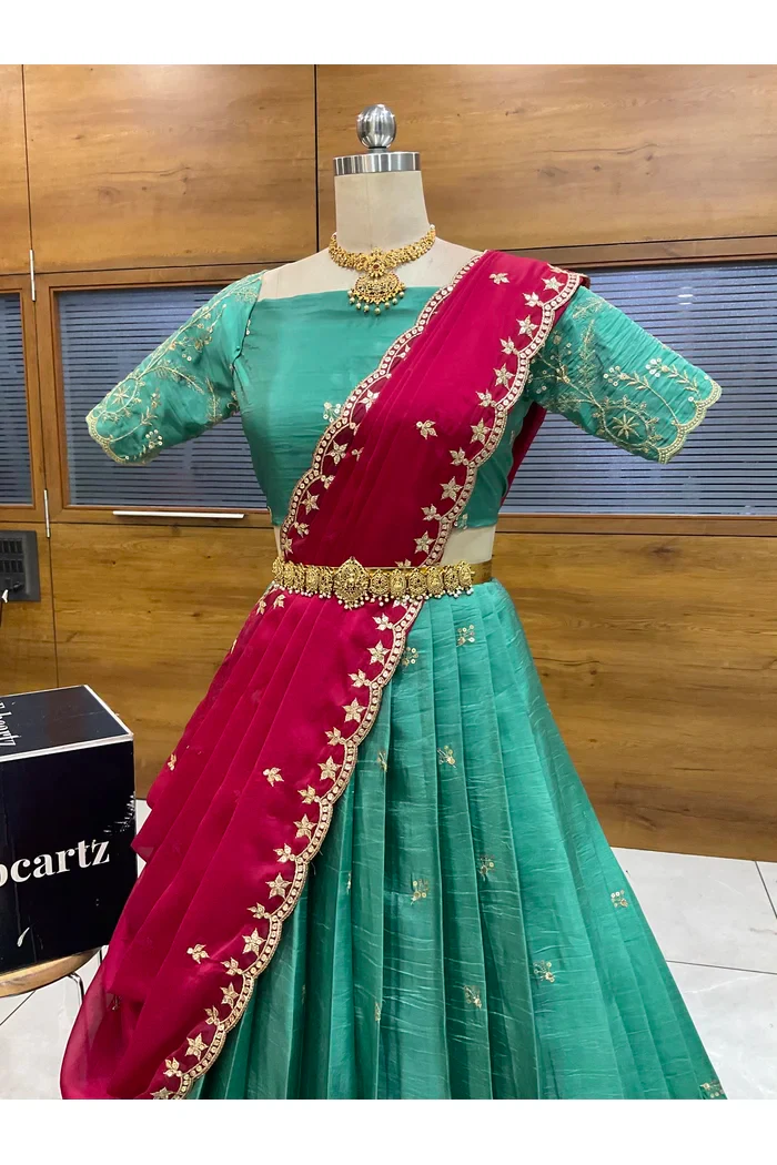 Beautiful South Indian Style Gold Crush Half Saree with Embroidery Blouse and Dupatta for Women | Krisa - Image 30