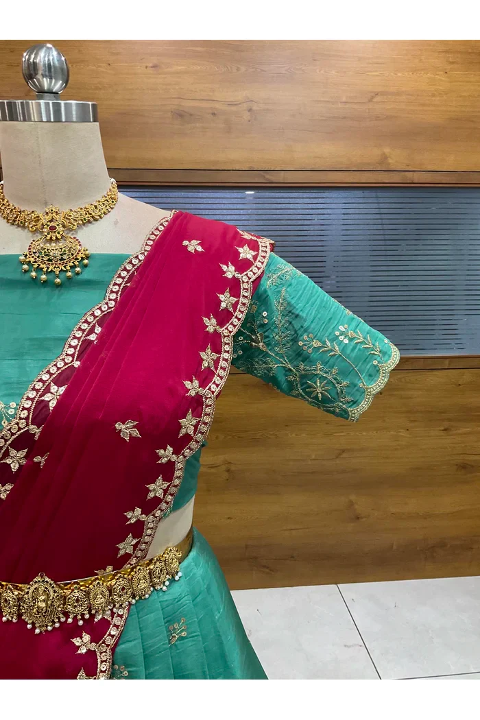 Beautiful South Indian Style Gold Crush Half Saree with Embroidery Blouse and Dupatta for Women | Krisa - Image 31