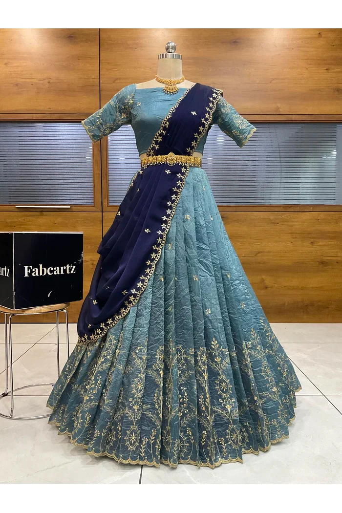 Beautiful South Indian Style Gold Crush Half Saree with Embroidery Blouse and Dupatta for Women | Krisa - Image 42
