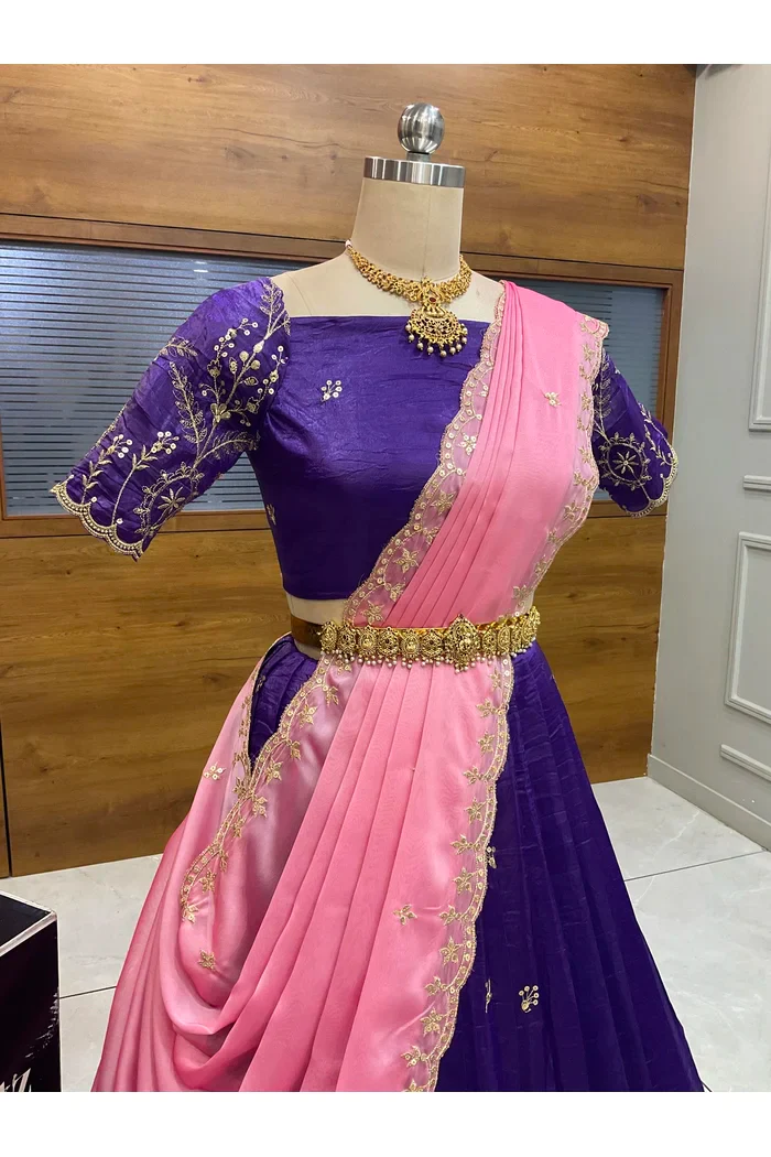 Beautiful South Indian Style Gold Crush Half Saree with Embroidery Blouse and Dupatta for Women | Krisa - Image 5