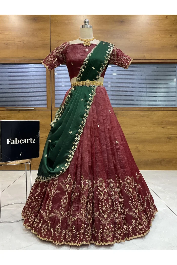 Beautiful South Indian Style Gold Crush Half Saree with Embroidery Blouse and Dupatta for Women | Krisa - Image 51