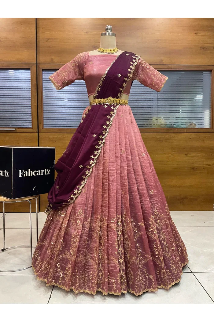 Beautiful South Indian Style Gold Crush Half Saree with Embroidery Blouse and Dupatta for Women | Krisa - Image 60