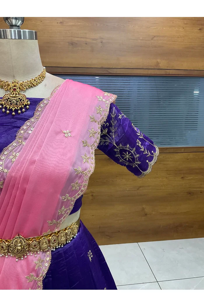 Beautiful South Indian Style Gold Crush Half Saree with Embroidery Blouse and Dupatta for Women | Krisa - Image 7