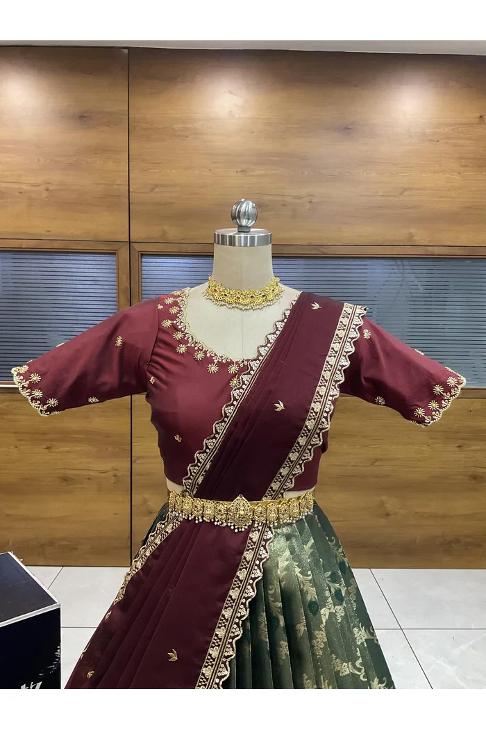Beautiful South Indian Style Half Saree with Beads Work Blouse and Dupatta for Women | Hiral - Image 11