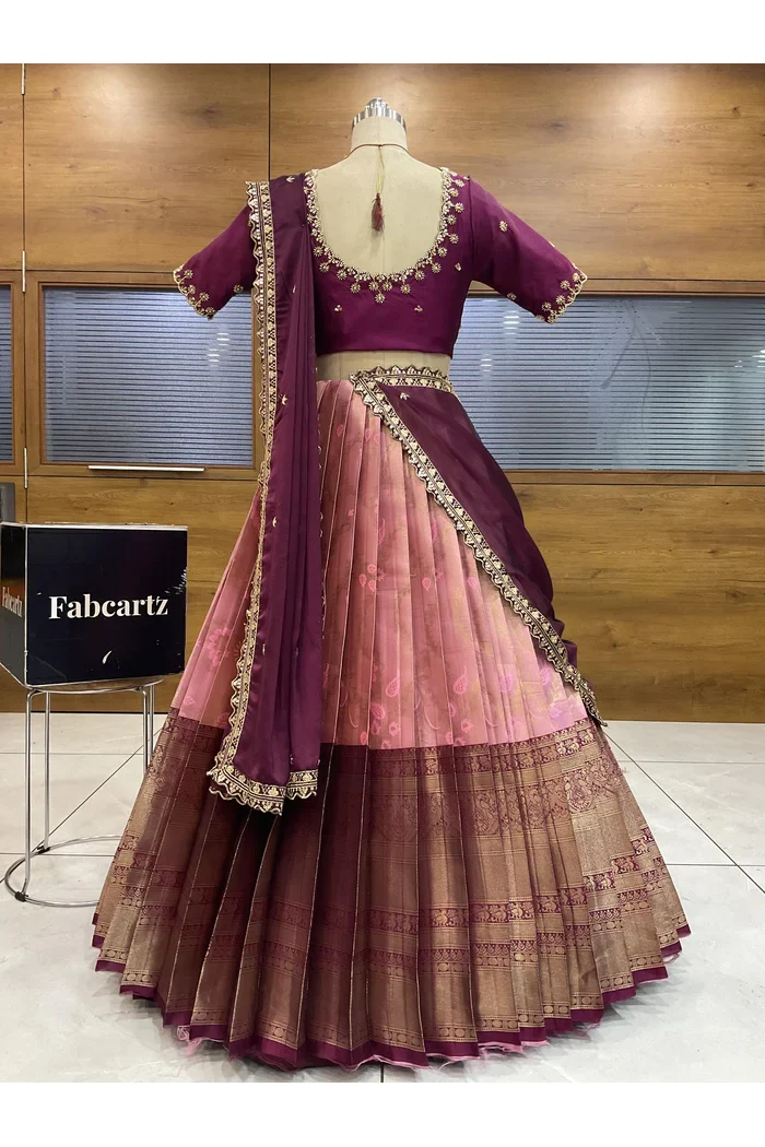 Beautiful South Indian Style Half Saree with Beads Work Blouse and Dupatta for Women | Hiral - Image 15
