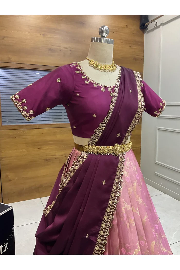 Beautiful South Indian Style Half Saree with Beads Work Blouse and Dupatta for Women | Hiral - Image 17