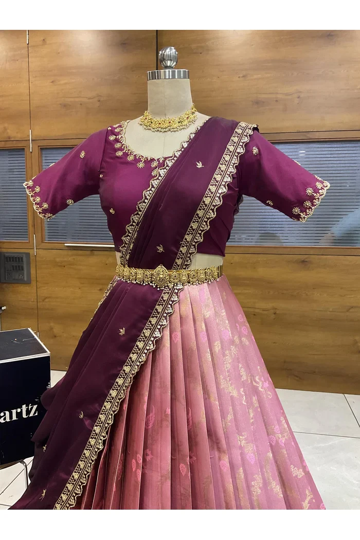 Beautiful South Indian Style Half Saree with Beads Work Blouse and Dupatta for Women | Hiral - Image 18