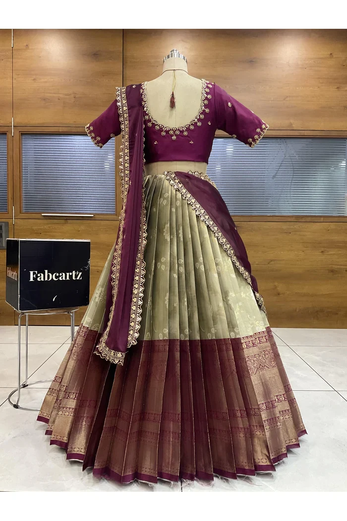 Beautiful South Indian Style Half Saree with Beads Work Blouse and Dupatta for Women | Hiral - Image 22