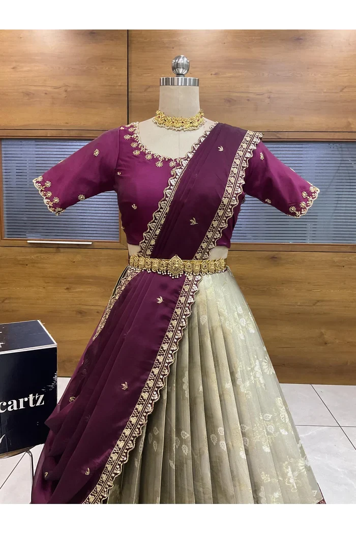 Beautiful South Indian Style Half Saree with Beads Work Blouse and Dupatta for Women | Hiral - Image 23
