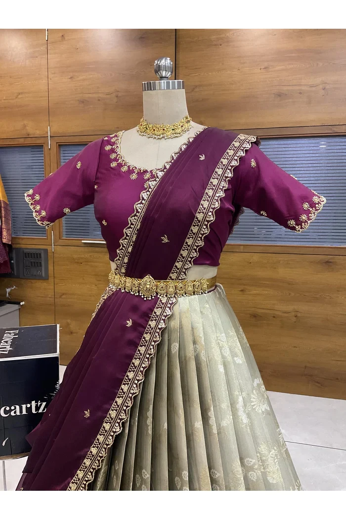 Beautiful South Indian Style Half Saree with Beads Work Blouse and Dupatta for Women | Hiral - Image 25