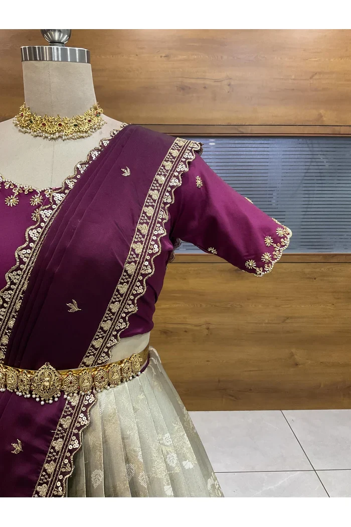 Beautiful South Indian Style Half Saree with Beads Work Blouse and Dupatta for Women | Hiral - Image 26