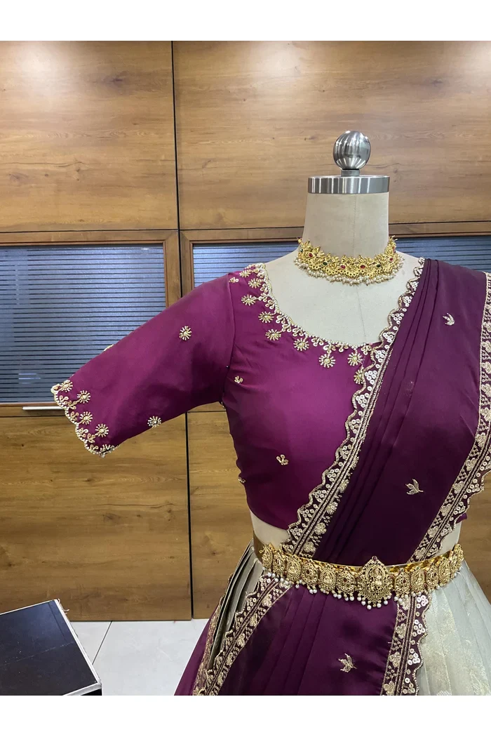 Beautiful South Indian Style Half Saree with Beads Work Blouse and Dupatta for Women | Hiral - Image 27