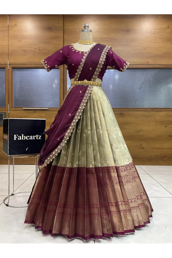 Beautiful South Indian Style Half Saree with Beads Work Blouse and Dupatta for Women | Hiral - Image 66