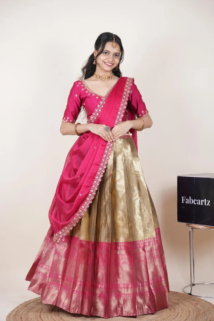 Beautiful South Indian Style Half Saree with Beads Work Blouse and Dupatta for Women | Hiral Kv - Image 47