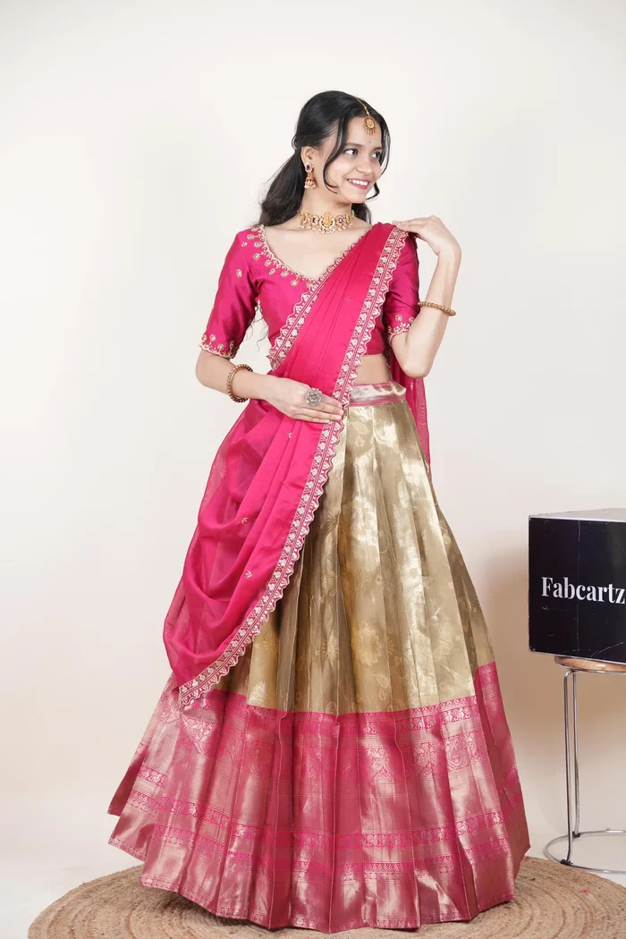 Beautiful South Indian Style Half Saree with Beads Work Blouse and Dupatta for Women | Hiral Kv - Image 49